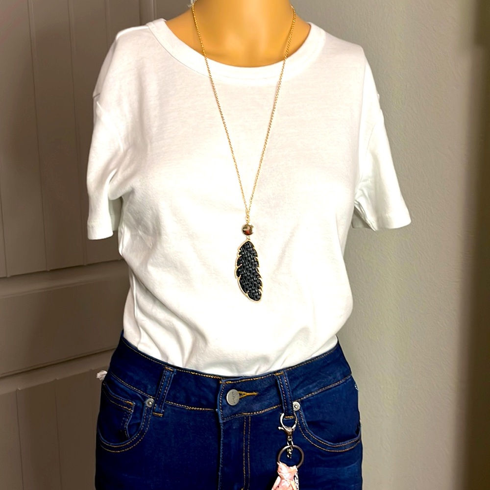 Vegan Black feather woven necklace with gold ball earrings